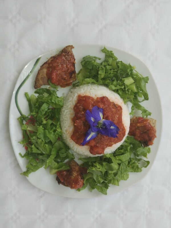 Dar thon frais à la provençale, riz blanc et Sauce tomate pimenté/ou non pimenté avec salade